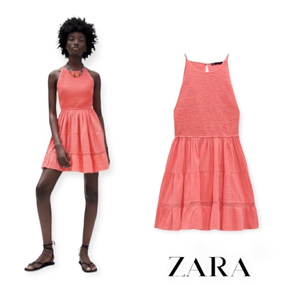 ZARA Coral Pink Textured Tiered Halter Mini Dress XS NWT